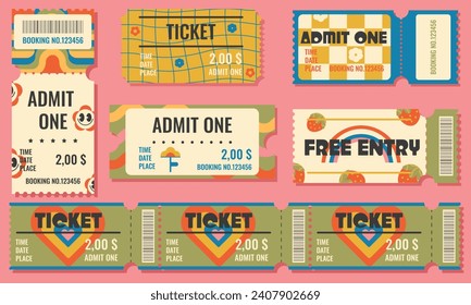 Funny movie cinema tickets. Admit one coupon vector templates in a retro groove style.Paper ticket stubs, cinema festival event admission and entrance