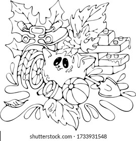 Funny muddy cartoon Cat with a bike and toys, isolated vector doodle stock illustration for coloring books, cute black and white print for greeting/ invitation card, logo or fabric