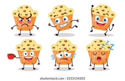 funny muffin cartoon character with various pose activity design illustration