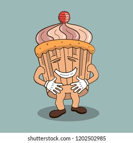 funny muffin, silly. Raspberry. Happy cupcake on blue background. Holiday card.