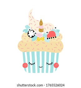 Funny muffin unicorn. Childish graphic. Vector had drawn illustration.