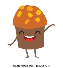 Funny muffin vector illustration. Happy muffin character with cute face. Sweet cake emoji. Emotional pastry food. Bakery icon, isolated on white background