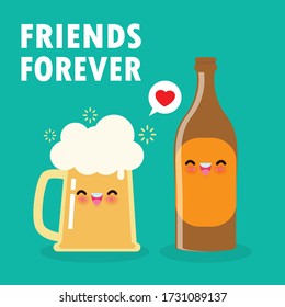 Funny mug of beer and beer bottle cute cartoon characters Happy international beer day poster background vector illustration in flat style greeting card Friends forever.