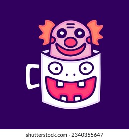 Funny mug with clown inside, illustration for t-shirt, sticker, or apparel merchandise. With doodle, retro, and cartoon style.