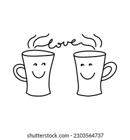 Funny mugs with hot drink in the doodle style. Handdrawn vector illustration. Black outline of mugs and lettering on white background. Element for greeting cards, posters, stickers and seasonal design