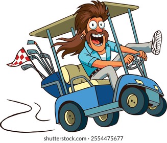 Funny Mullet haired Man Driving Golf Car Crazily