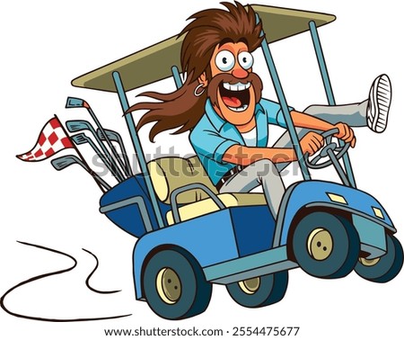 Funny Mullet haired Man Driving Golf Car Crazily