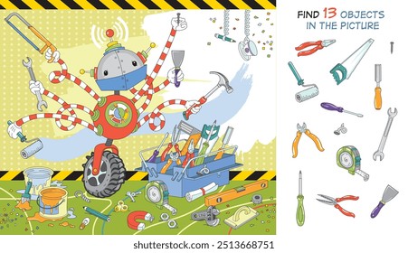 Divertido robot multibrazo hace reparaciones. Encuentra 13 objetos en la imagen. Rompecabezas de objetos ocultos. Ilustración vectorial.