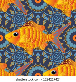 Funny multicolor background, marine texture in orange, yellow and blue colors. Vector illustration. Seamless vector pattern with cute decorative fishes.