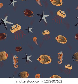 Funny multicolor background, marine texture in orange, brown and blue colors. Seamless vector pattern with cute decorative fishes. Vector illustration.