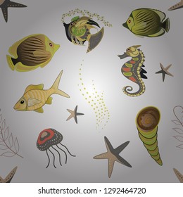 Funny multicolor background, marine texture in yellow, white and gray colors. Seamless vector pattern with cute decorative fishes. Vector illustration.