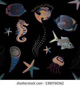 Funny multicolor background, marine texture in black, blue and gray colors. Seamless vector pattern with cute decorative fishes. Vector illustration.