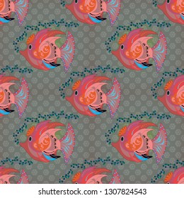Funny multicolor background, marine texture in blue, pink and gray colors. Vector illustration. Seamless vector pattern with cute decorative fishes.