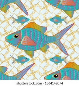 Funny multicolor background, marine texture in blue, orange and gray colors. Vector illustration. Seamless vector pattern with cute decorative fishes.