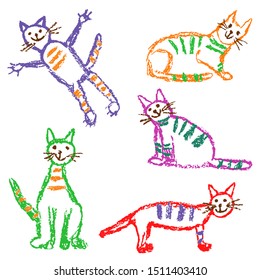 Funny multicolor tabby cat set. Wax crayon like child`s hand drawn cute kitten clip art. Pastel chalk or pencil kids line art stroke sitting, flying cats. Vector artistic colorful doodle simple pets