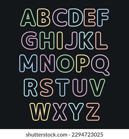 Funny multicolored alphabet. Drawing font for children. Flat isolated vector illustration on black background. Children's font in the cartoon style. Vector illustration of an alphabet. Line art