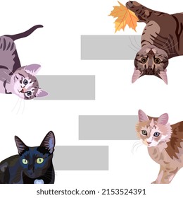Funny multicolored cats memes with clouds for text on a white background in vector.