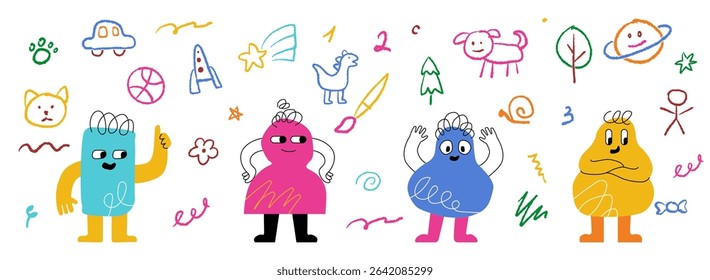 Funny multicolored childish characters surrounded by kindergarten pencil drawings. Chalk hand drawn monsters in different poses and doodles around.