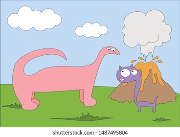 Funny multi-colored dinosaurs against the background of a volcanic eruption. Digital cartoon illustration