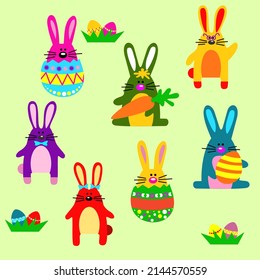 Funny multi-colored easter bunnies with carrots and painted eggs made in bright colors 