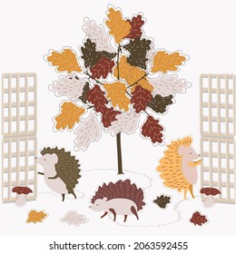 Funny multi-colored hedgehogs in Doodle style open the gates to the autumn garden. Path, oak, Amanita and fallen leaves. Isolated vector illustration in autumn mood for: poster, postcard, banner, chil