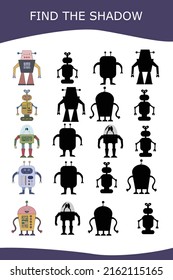 Funny multicolored robot. Find the correct shadow. Educational game for children.