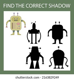 Gracioso robot multicolor. Encuentra la sombra correcta. Juego educativo para niños.