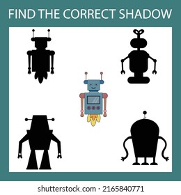 Funny multicolored robot. Find the correct shadow. Educational game for children.