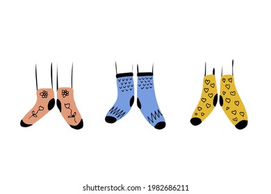 Funny multicolored trendy pattern socks. Hand drawn vector illustration isolated on white background
