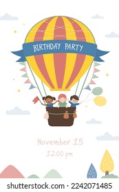 Funny multiethnic children flying in hot air balloon. Birthday party, celebration, adventure. Invitation card, template, place for text. Preschooler kids flight. Poster with cute children friends.