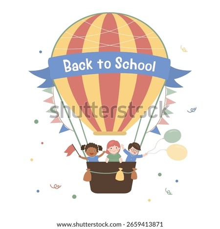 Funny multiethnic children flying in hot air balloon. Back to school. Invitation card, template, place for text. Students flying for knowledge. Сute children friends, classmates. vector illustration