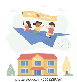 Divertidos niños multiétnicos volando en un avión de papel gigante. Regreso a la escuela. Estudiantes volando por conocimiento. Сlindos niños amigos, compañeros de clase. Edificio escolar esperando pequeños estudiantes. Ilustración vectorial