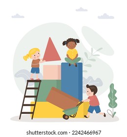 Funny multiethnic children play big cubes and blocks together. Teamwork, friends build a building from huge cubes. Childhood, logic games, relationships. Flat vector illustration