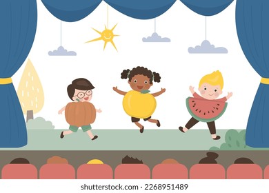 Funny multiethnic kids dressed up in fruit costumes. Children play in school theater. Theatrical performance, small actors on stage. Spectators watch kids play. Flat vector illustration