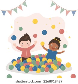 Funny multiethnic kids sits and plays in pool with plastic balls. Children birthday party in entertaining playroom. Colored play balls for small children. Childhood, education and imagination. vector