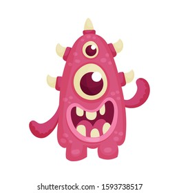 Funny Multiocular Monster Standing with Open Mouth Feeling Happiness and Joy Vector Illustration