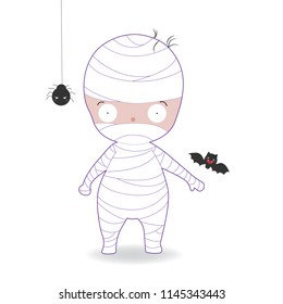 Funny mummy cartoon with stroke. Cute character design. Happy halloween party concept. 