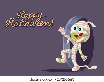 
Funny Mummy Halloween Vector Card Illustration. Person wearing a monster costume walking around to scare and terrify
