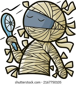 Funny mummy holding electric fan hand cartoon illustraiton