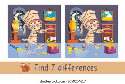 Funny mummy walks through museum on full moon. Find 7 differences. Game for children. Activity, vector.