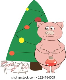 funny mumps near a Christmas tree, new year's card