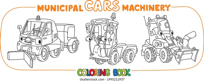 Funny municipal cars with eyes coloring book set