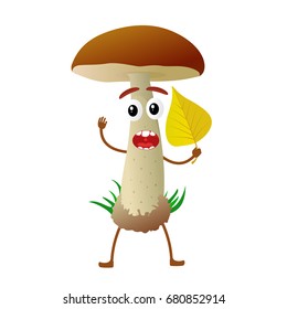 Funny mushroom boletus character, mascot, cartoon vector illustration isolated on white background. Humanized, childish mushroom with smiling faces, arms and legs. Autumn, fallen leaves, dry grass.