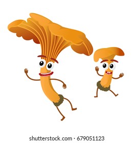 Funny mushroom chanterelle character, mascot, cartoon vector illustration isolated on white background. Humanized childish mushroom with smiling faces, arms and legs. Autumn, fallen leaves, dry grass.