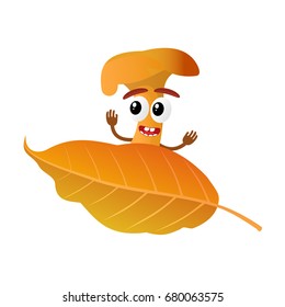 Funny mushroom chanterelle character, mascot, cartoon vector illustration isolated on white background. Humanized, childish mushroom with smiling faces, arms and legs. Autumn, fallen leaves.