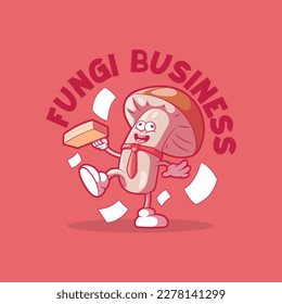 A funny Mushroom character with a briefcase and a tie vector illustration. Mascot, brand, work design concept.