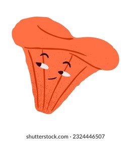 Hübscher Pilzcharakter. Fungus mit amüsanter Gerissenheit, kniffliger Emotion, Ausdruck. Chanterelle Grinsen, Schmirgen, Plotting smth. Flache Vektorgrafik einzeln auf weißem Hintergrund