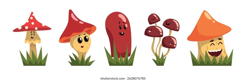 Funny Mushroom Character with Smiling Face Vector Set
