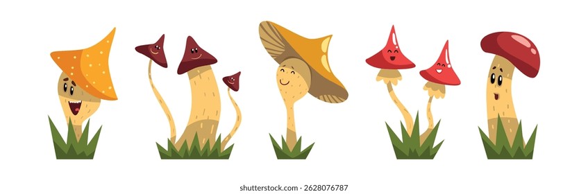 Funny Mushroom Character with Smiling Face Vector Set