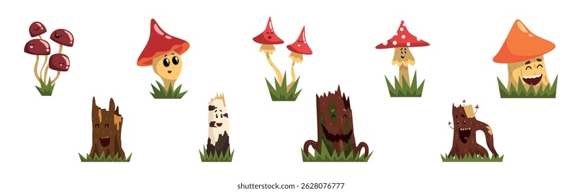 Funny Mushroom Character and Tree Stump with Smiling Face Vector Set